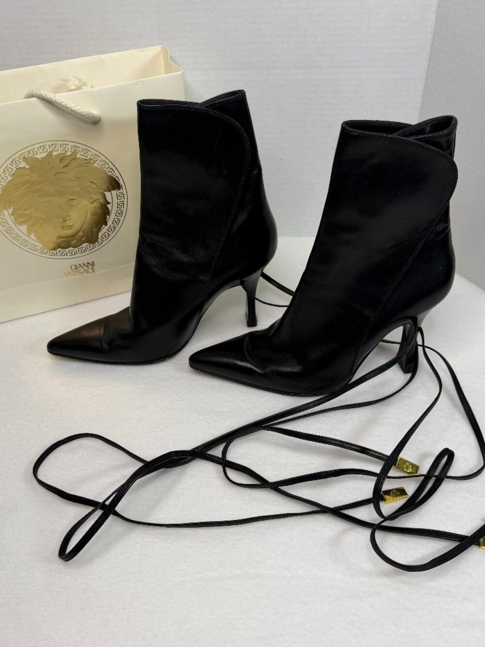 Gianni Versace Vintage Boots Womens 8 Black Leather Pointed Wrap Medusa IT/EU 38